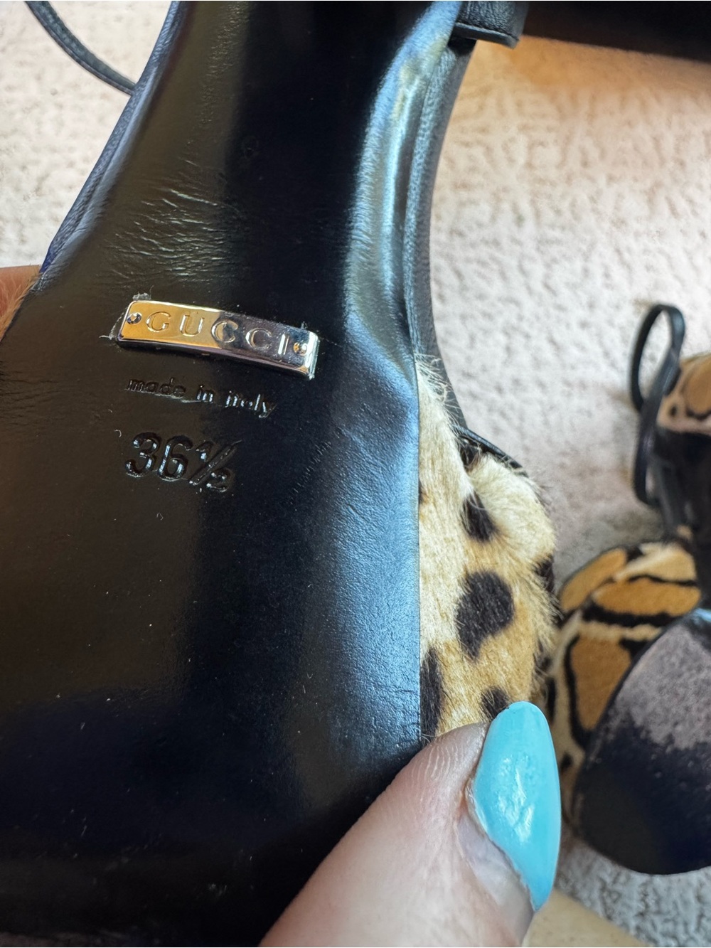 Gucci Leopard Platform Peep-Toe Heels With Gold Hardware Accent & Strap - Picture 6 of 9